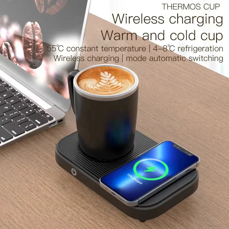 ブラック 3-in-1 カップ加熱・冷却パッド スマートコーヒーウォーマー/チラー 15Wワイヤレススマートフォン充電器 家庭・オフィス向け